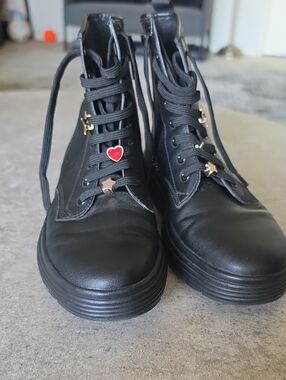 Geox Black Lace-Up Women's Boots with Red Heart Charm
